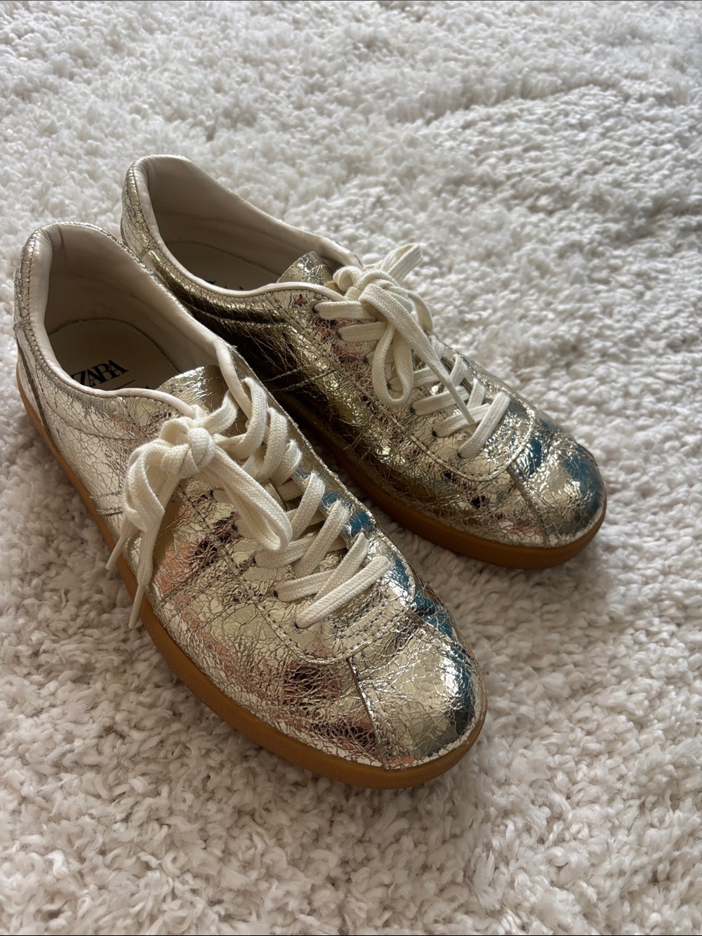 Zara Gold Metallic Lace-Up Sneakers with Cream Laces